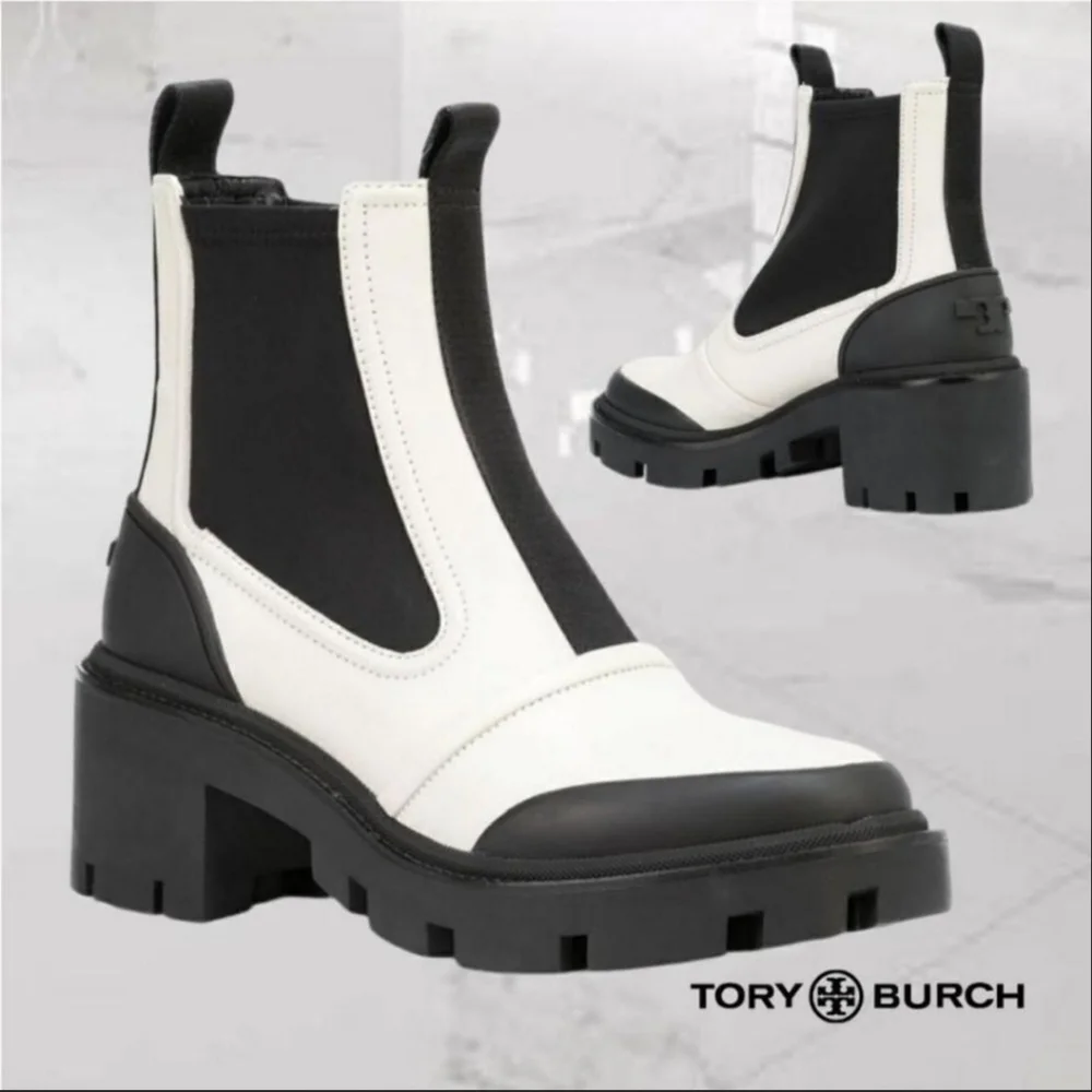 Tory Burch Chelsea Lug Sole Heeled Ankle Booties Ivory Black Leather
